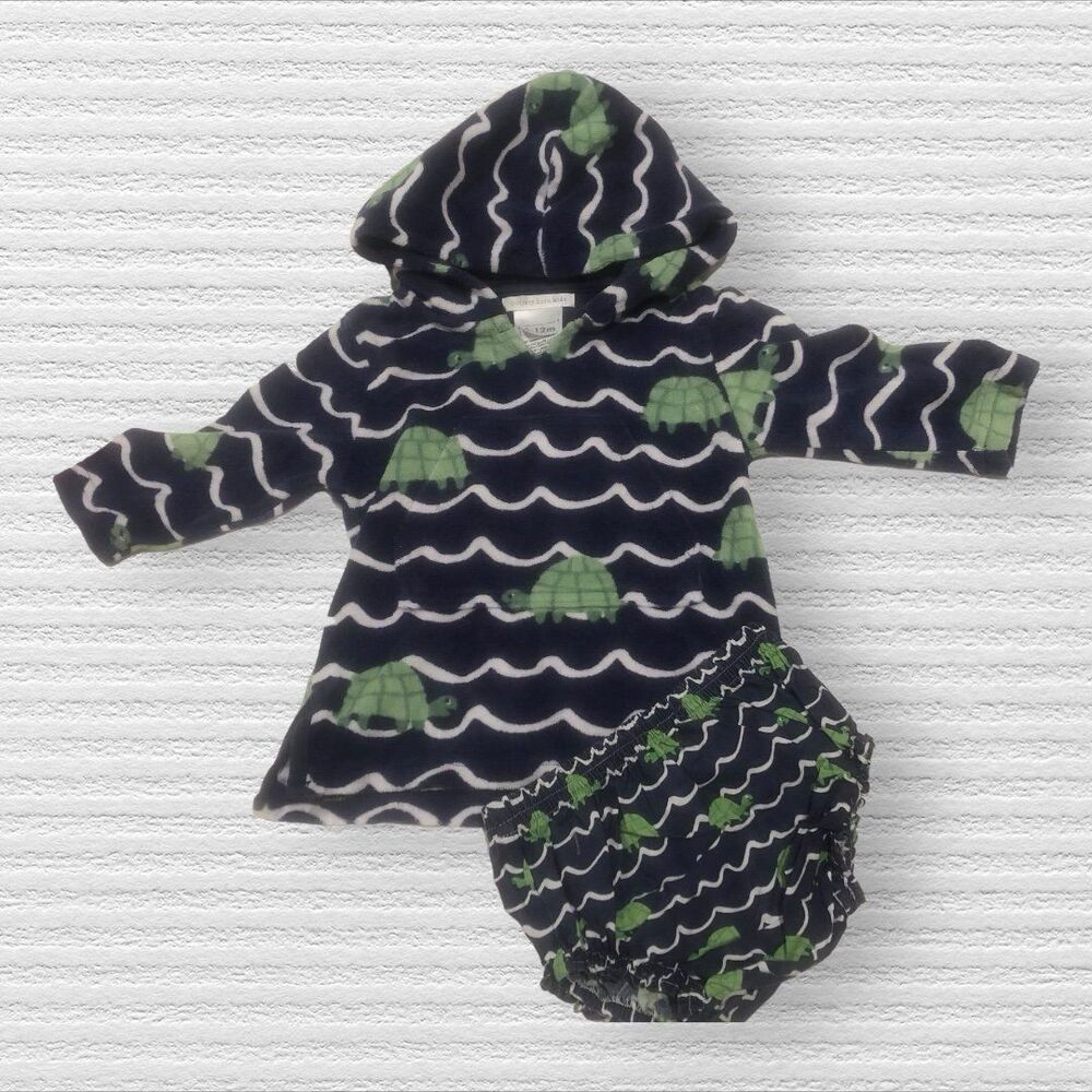 Pottery Barn 6/12m  Swim Turtle Cover Up & Diaper Cover Blue Green towel Terry
